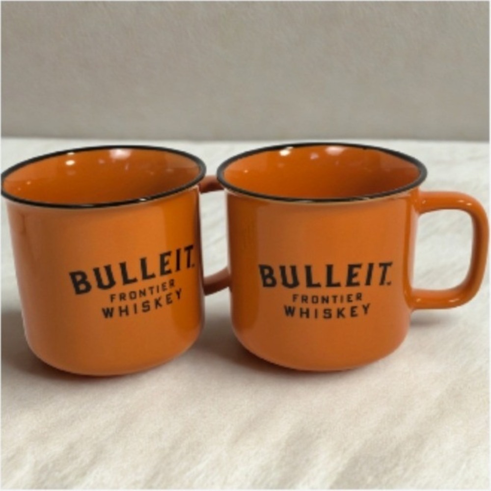 Bulleit Frontier Whiskey Orange Ceramic Coffee Mug Cup Set of 2 Campfire Style